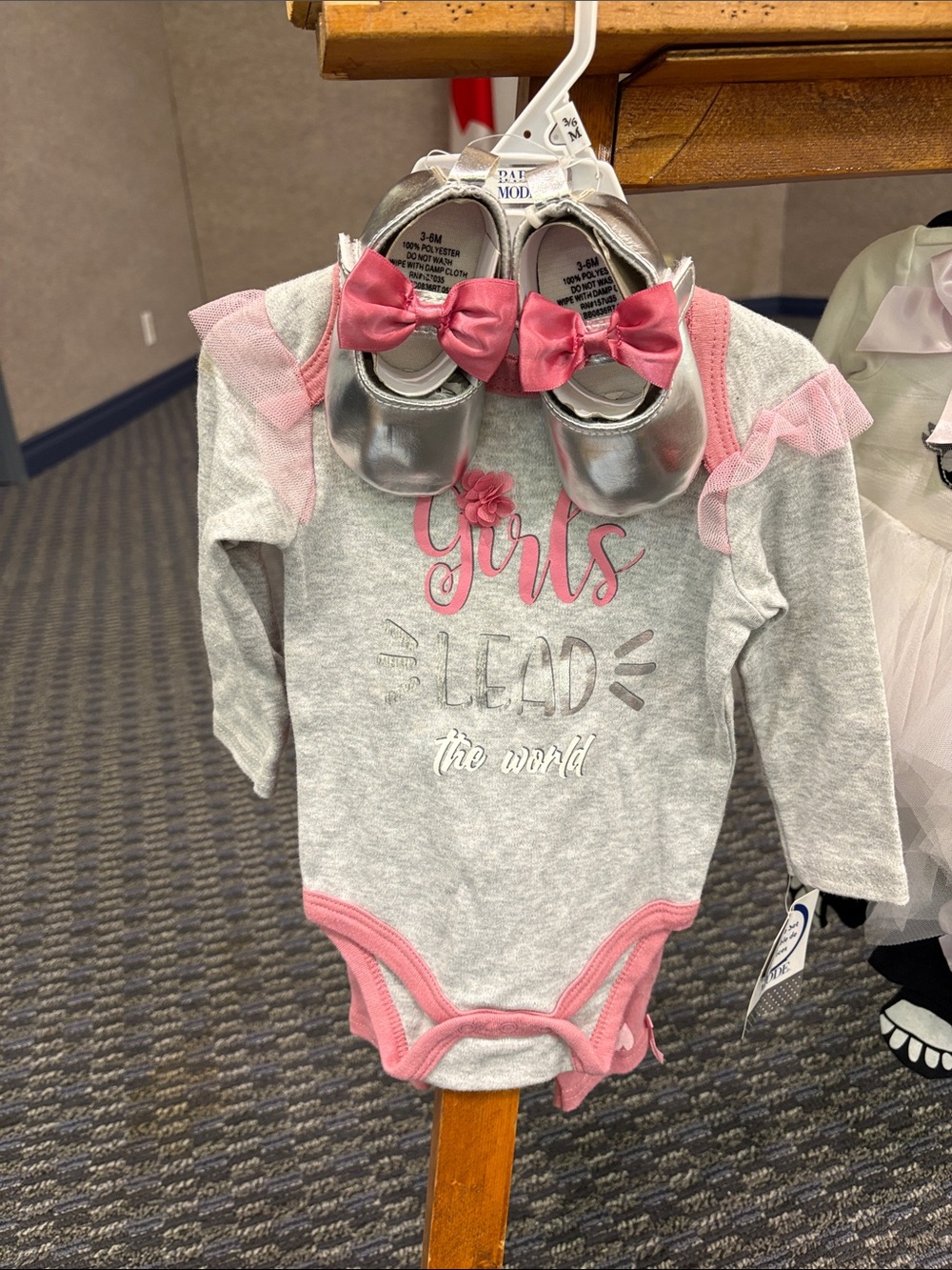 Girls Lead the World Pink-Trim Gray Bodysuit with Silver Bow Shoes